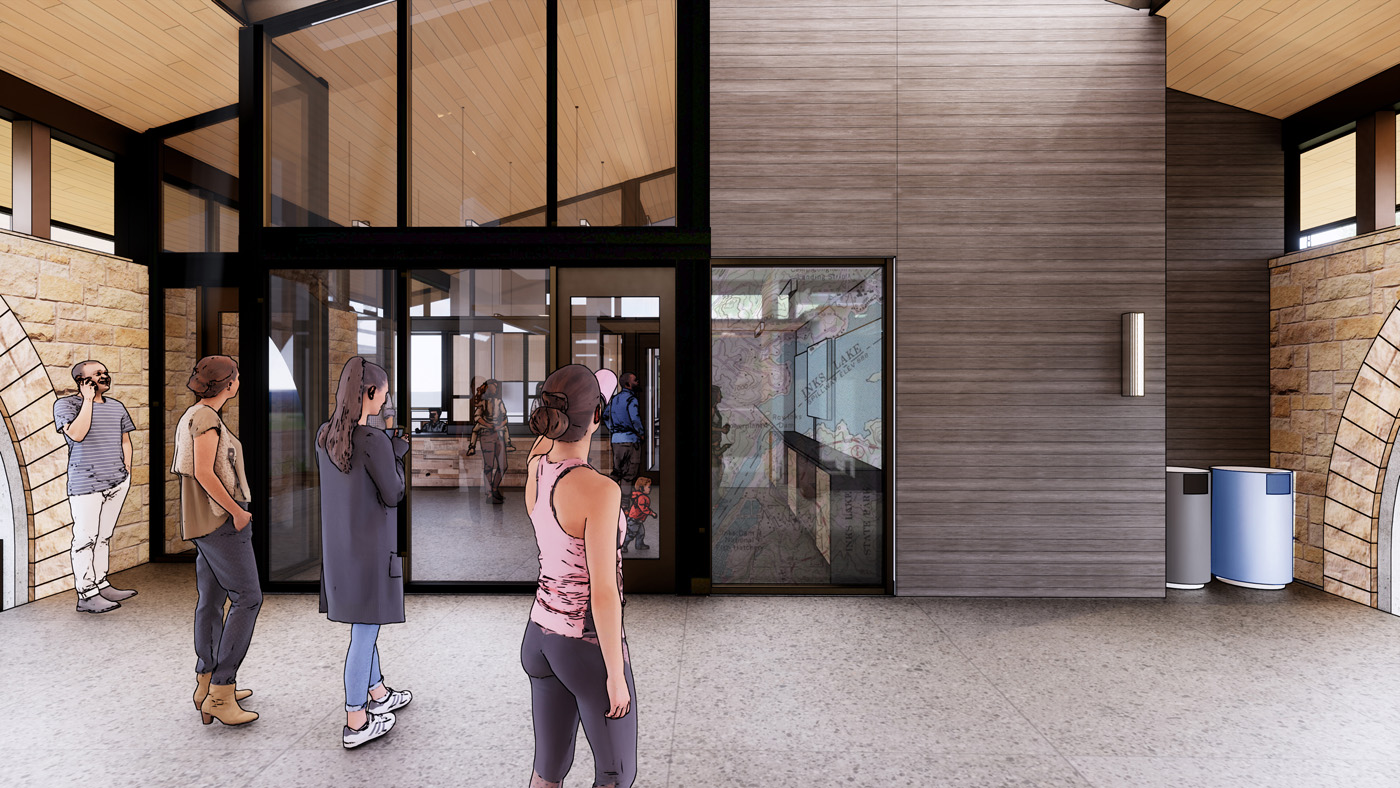 Rendering of people in and outside of a glass entrance to a building.