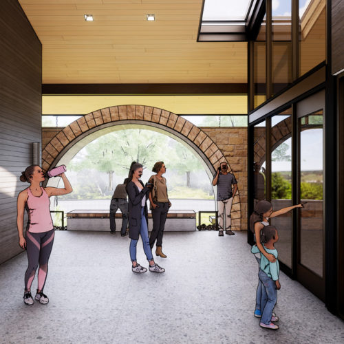 Rendering of families standing in front of large stone arch window.