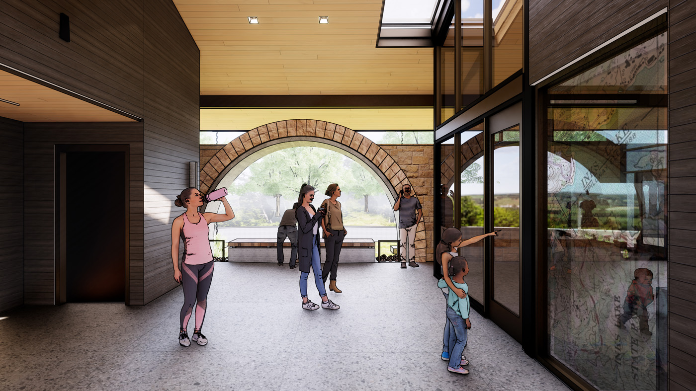 Rendering of families standing in front of large stone arch window.