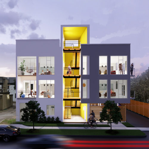 Rendering of a modern apartment building at dusk from across the street.