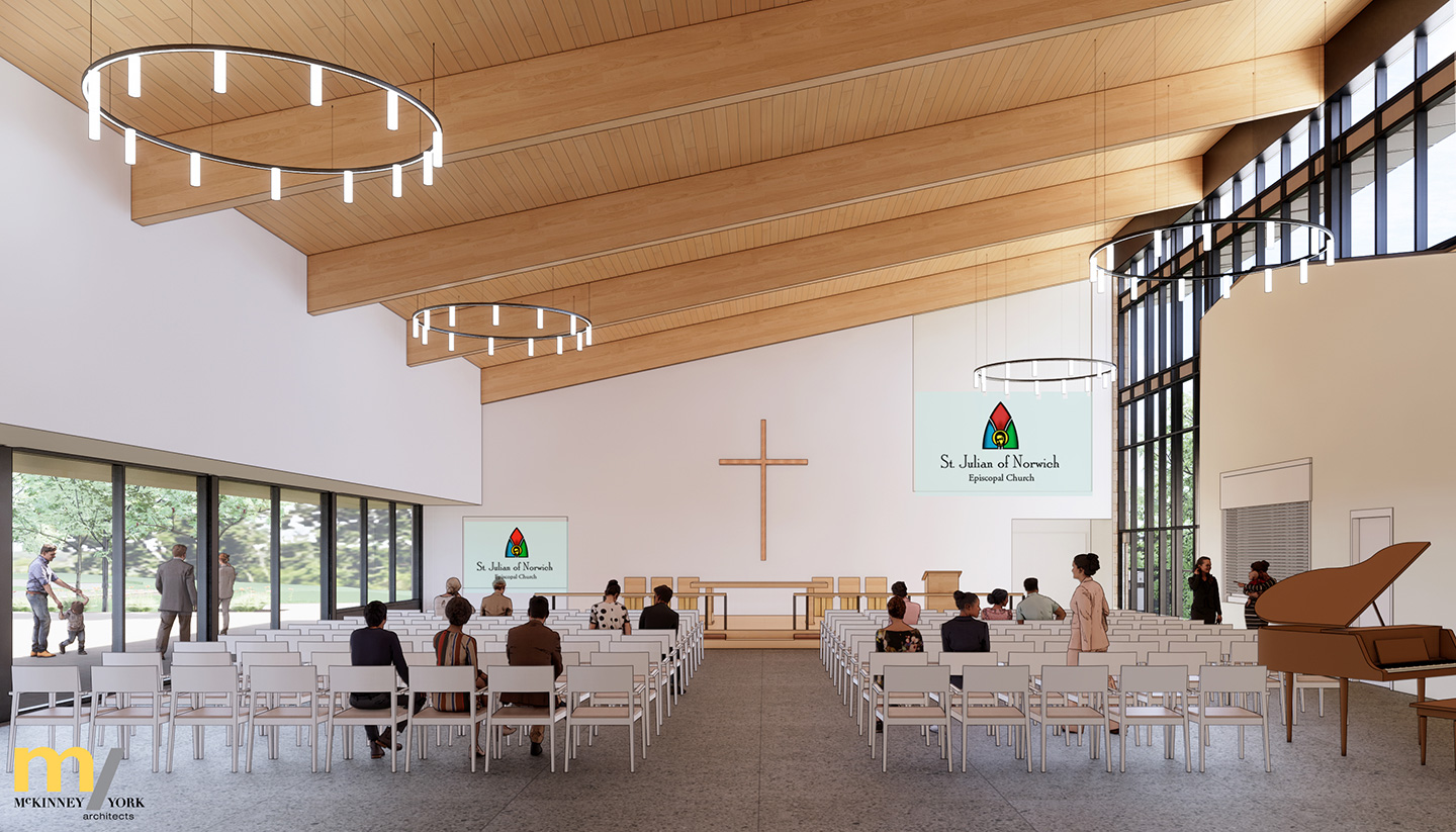 Rendering of people sitting at pews in a church.
