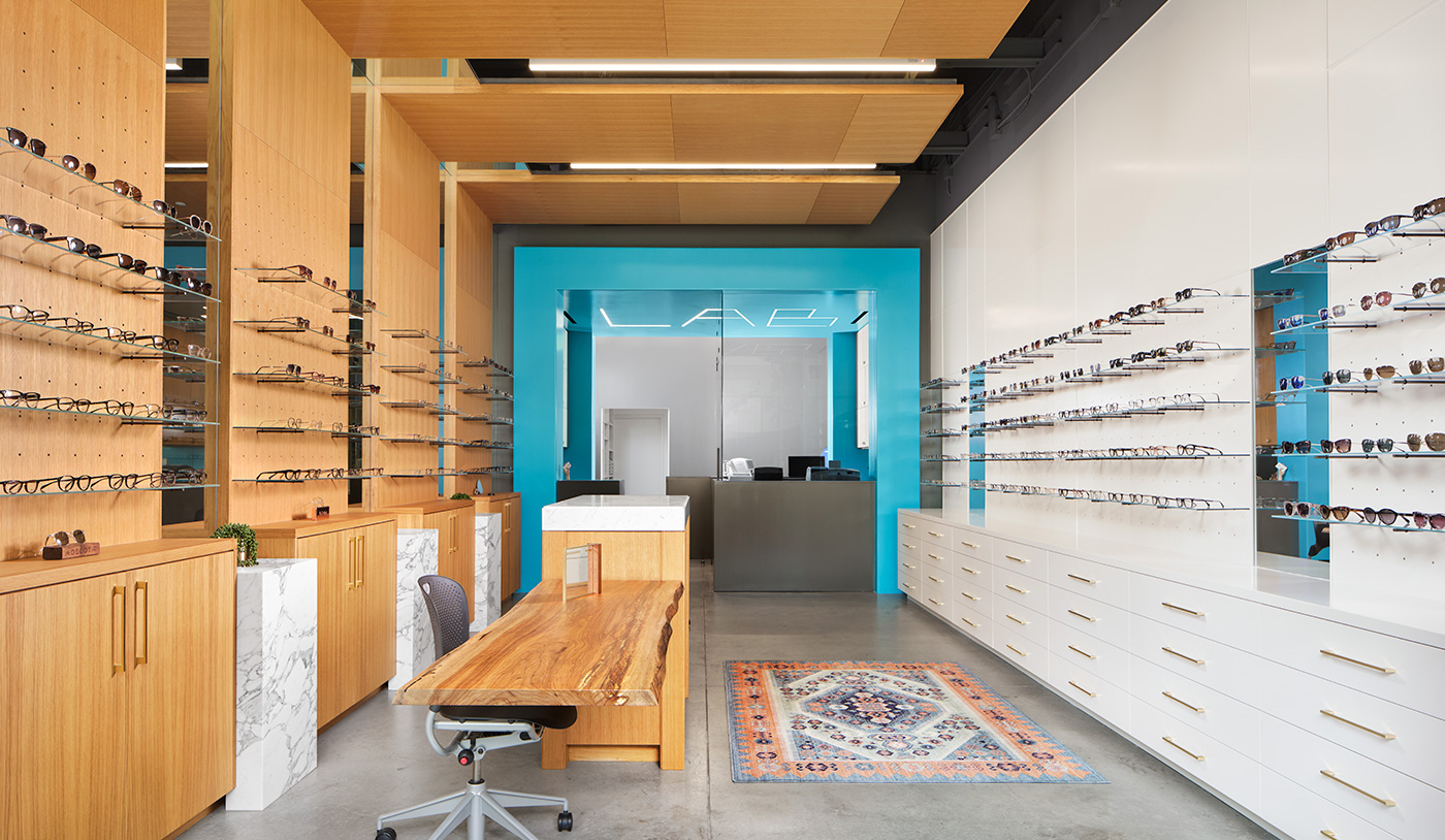 The interior of an eyewear store.