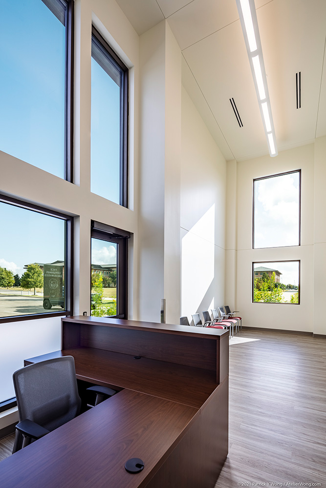 Lobby and reception desk of a building.