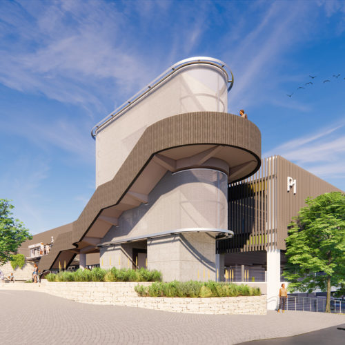 Rendering of a stairwell structure of a parking garage.