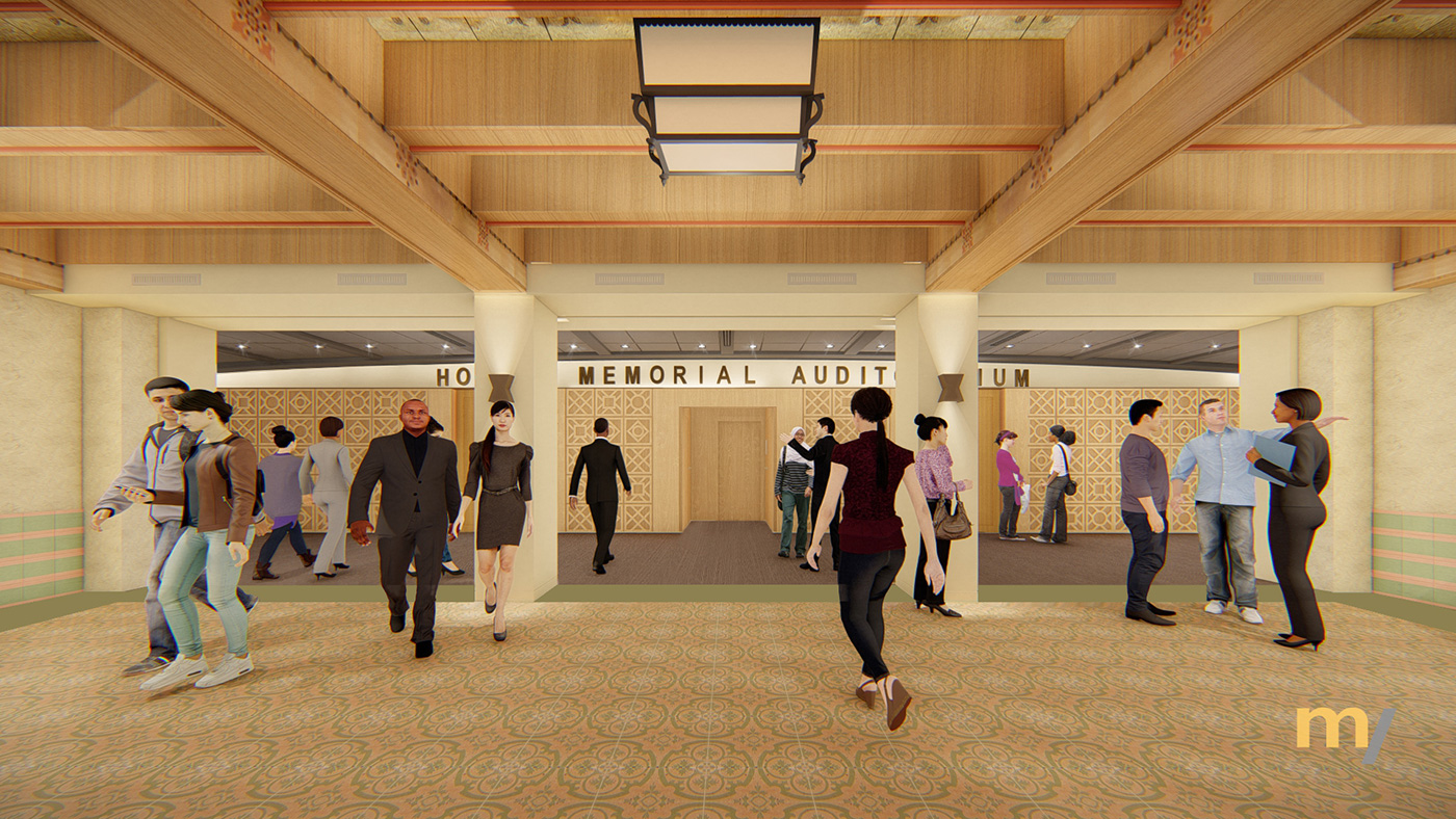 Rendering of people walking through large attrium.