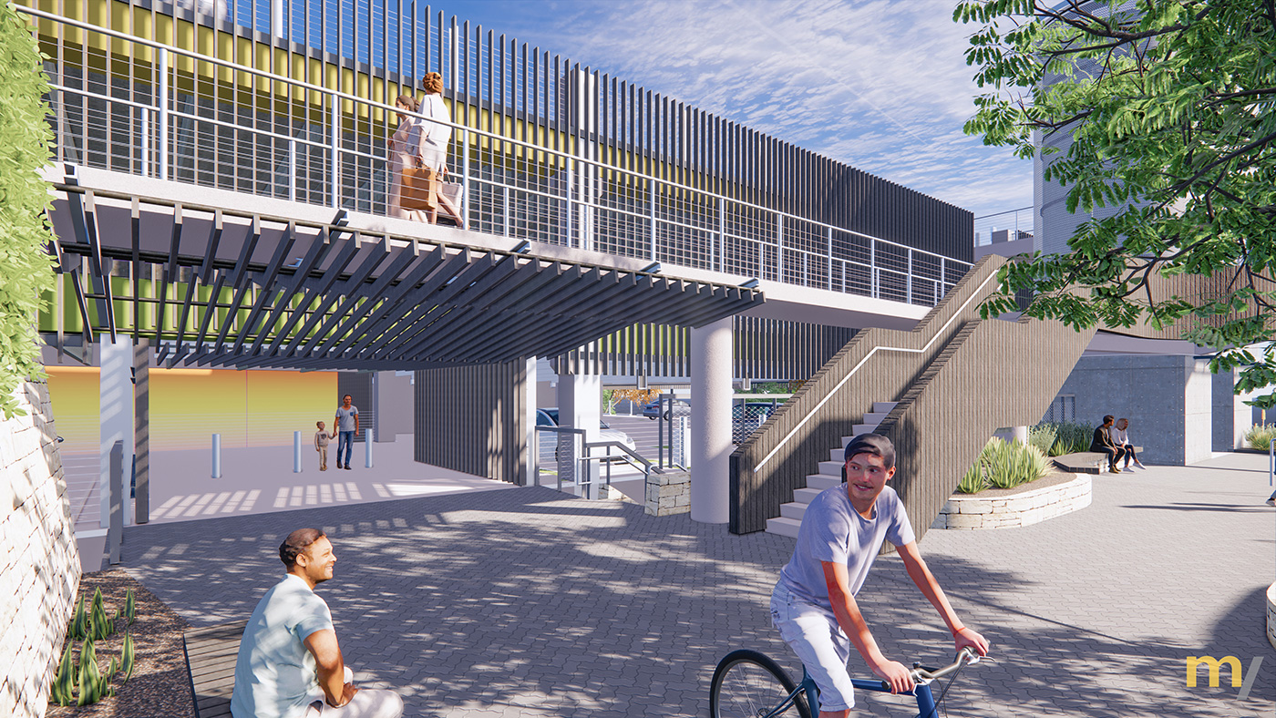 Rendering of people walking through a courtyard area outside a parking garage.