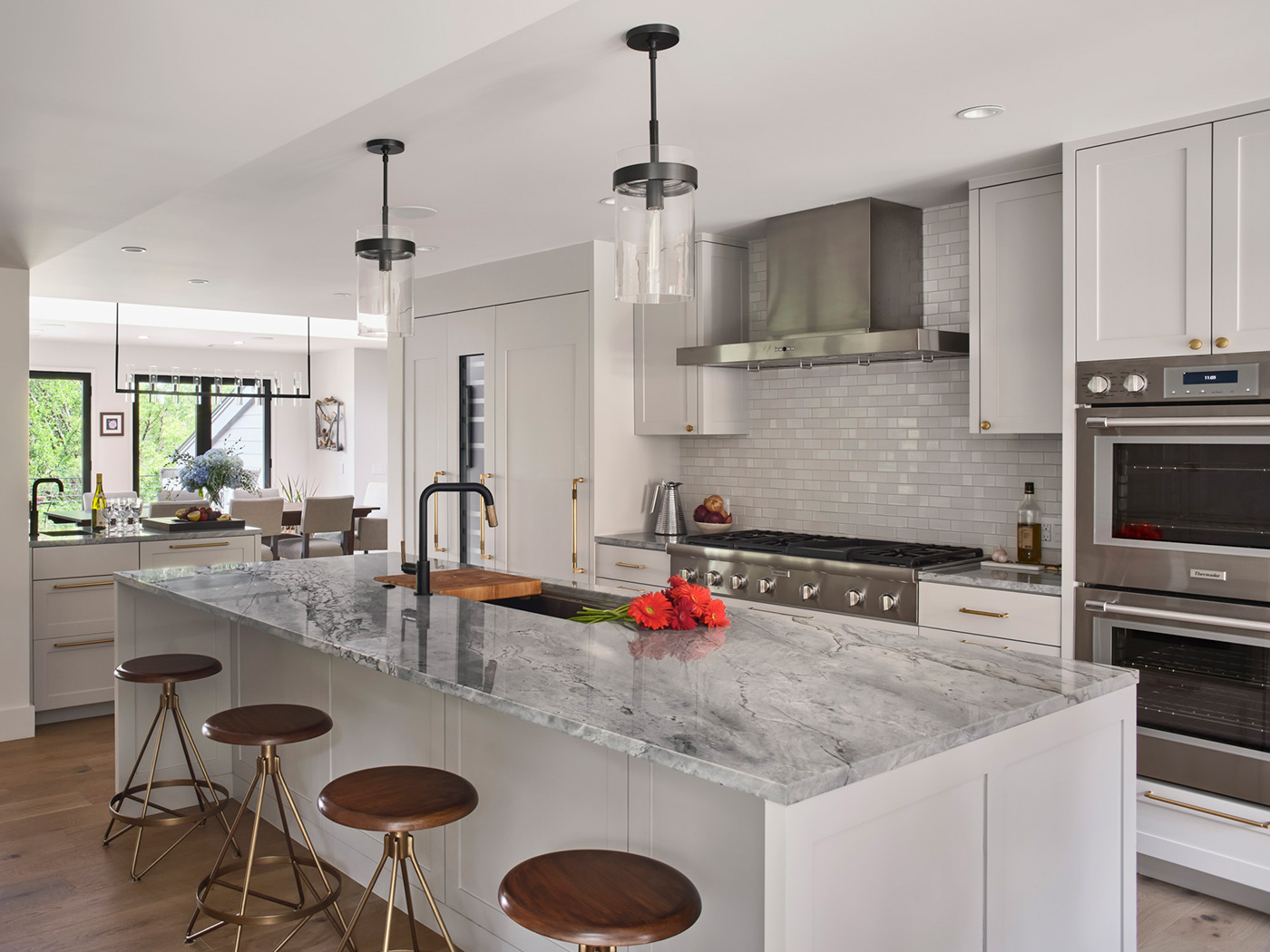 Kitchen with marble counter top.