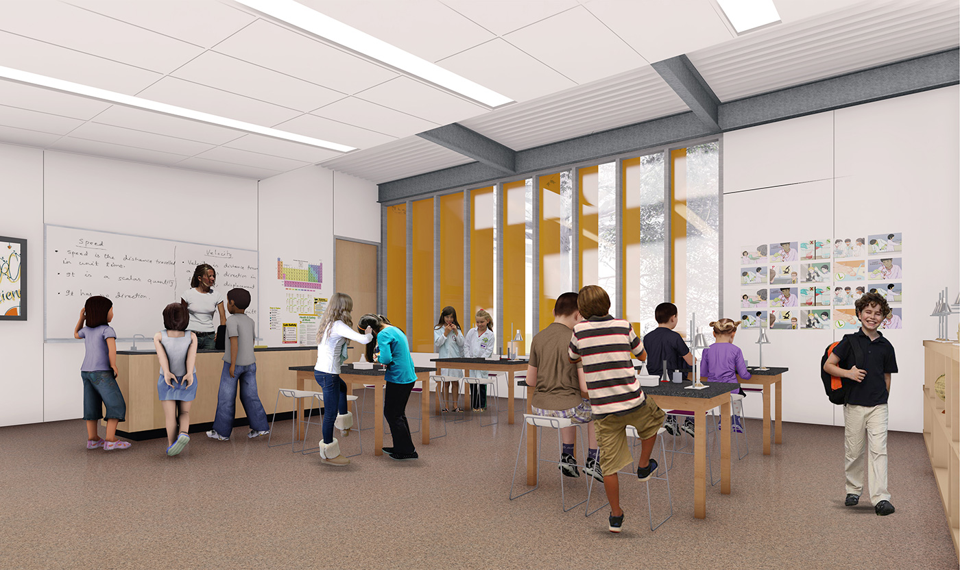 Rendering of kids working in science room.