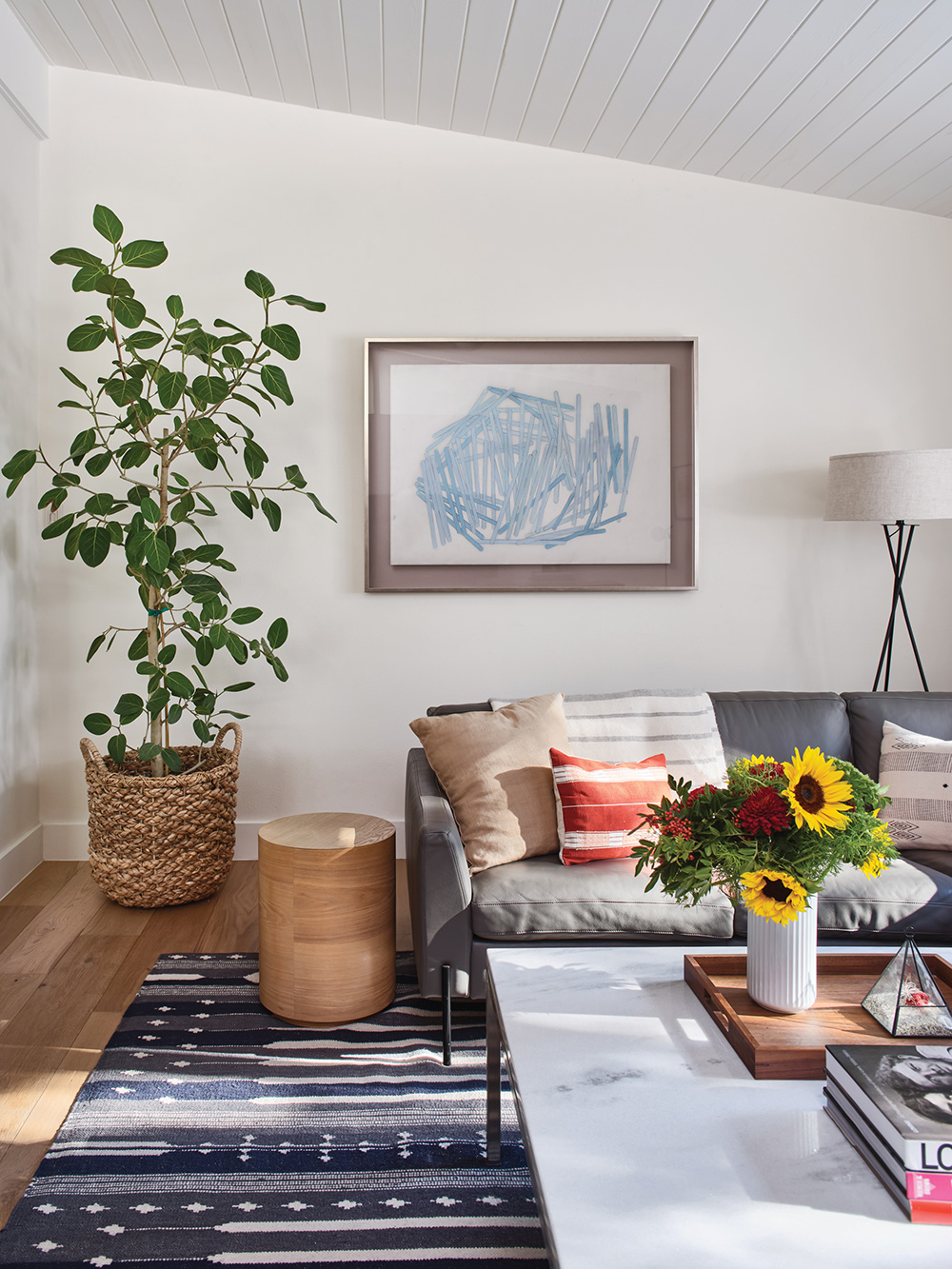 MOnder furnished living room with white walls and a slanted ceiling.