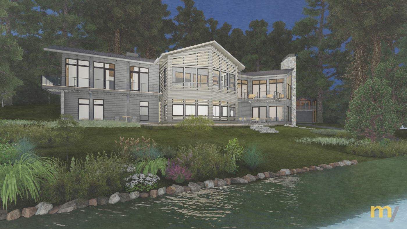 Rendering of the backside of modern two-story lake house at dusk from the lake.