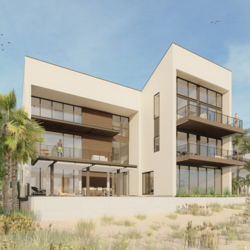Rendering of large modern beach house with many balconies.