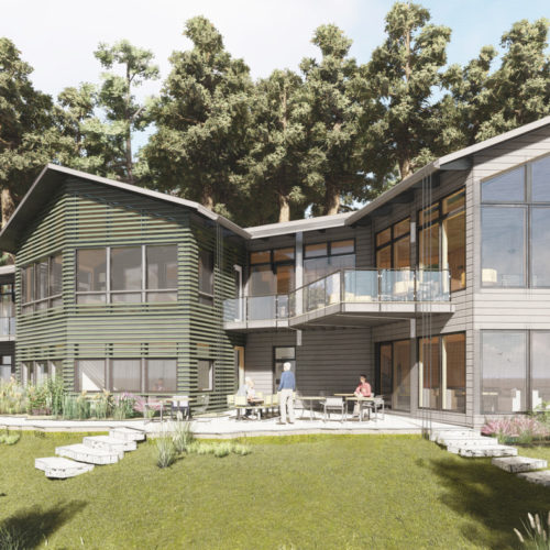 Rendering of people sitting around back patio of two-story lake house.