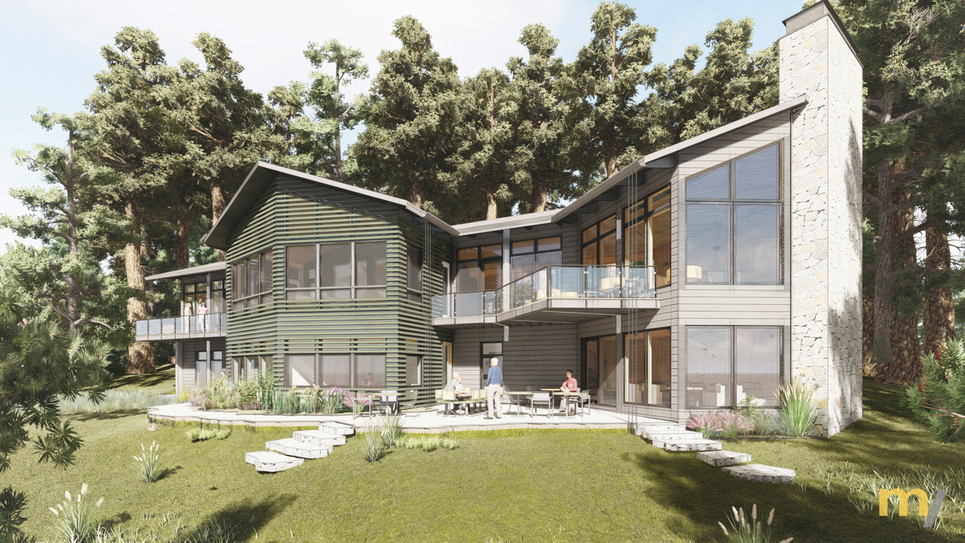 Rendering of people sitting around back patio of two-story lake house.