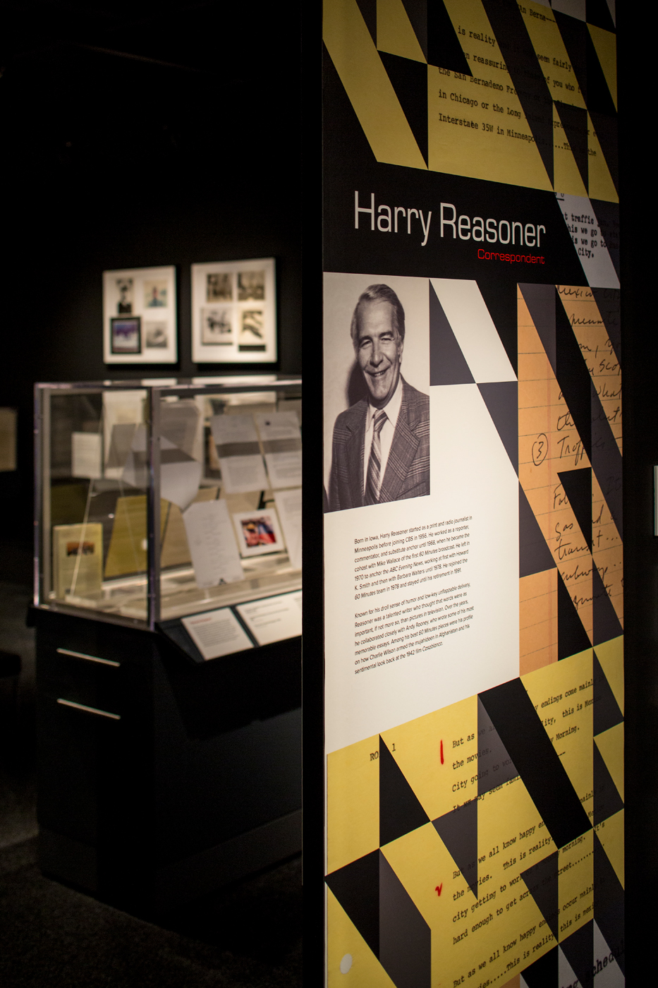 A short biography and picture of harry Reasoner on an exhibit wall.