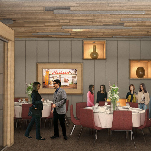 Rendering of people standing around tables in a nice restaurant.
