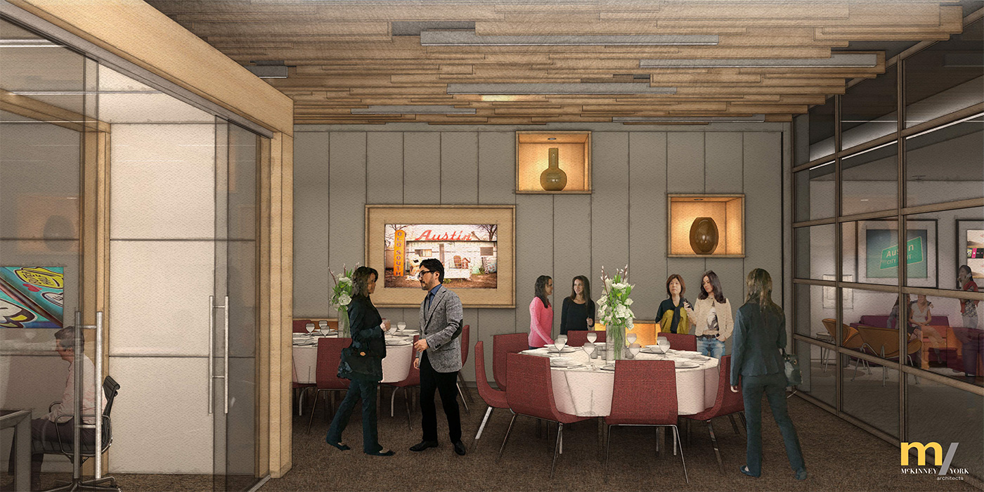 Rendering of people standing around tables in a nice restaurant.