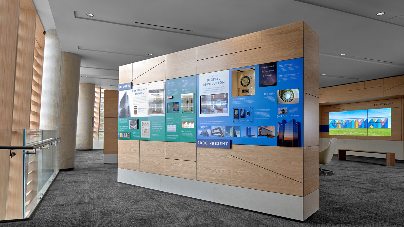 Colorful timeline on wooden exhibit wall.