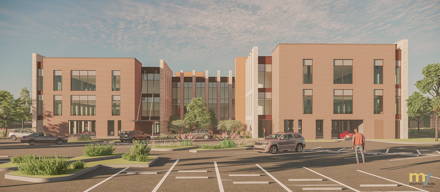 Rendering of the front facade of a three-story office building and its parking lot Infront of it.
