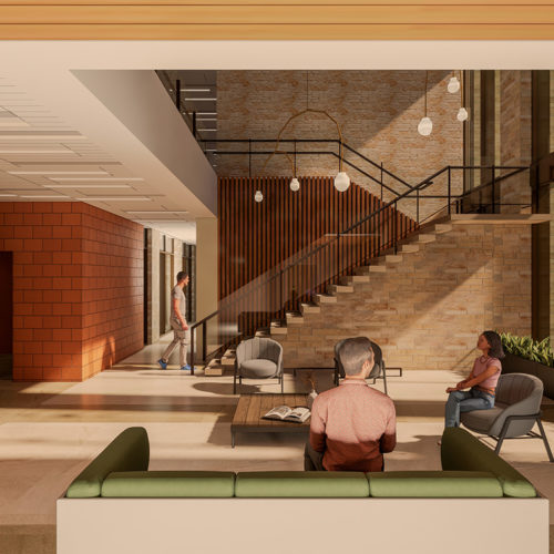 Rendering of a first-floor lounge area next to a central staircase.
