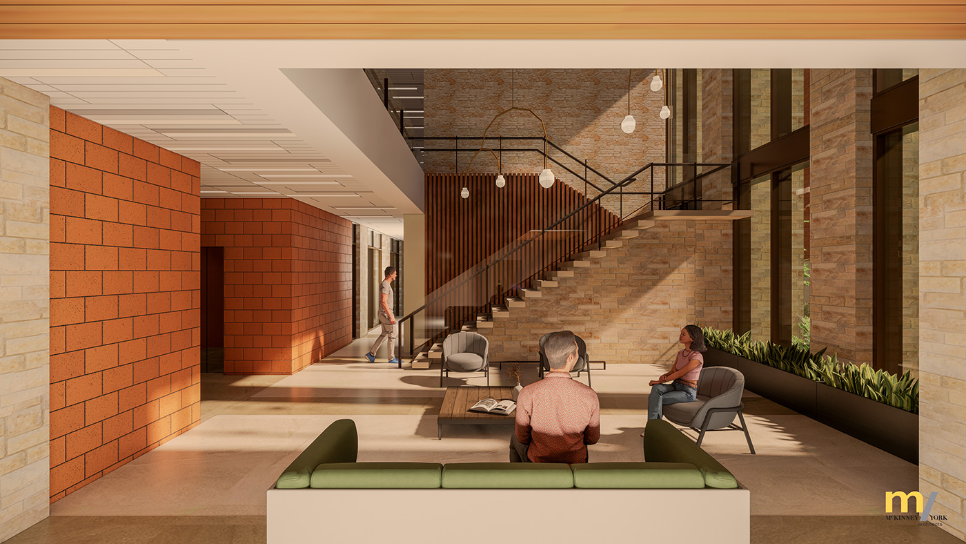 Rendering of a first-floor lounge area next to a central staircase.
