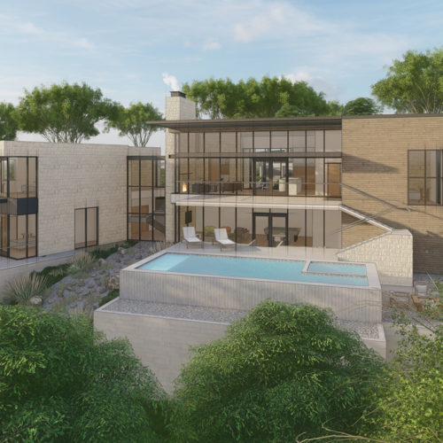 Rendering of the back a large modern home with a pool and surrounded by trees.