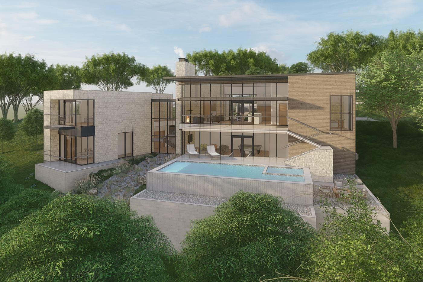 Rendering of the back a large modern home with a pool and surrounded by trees.