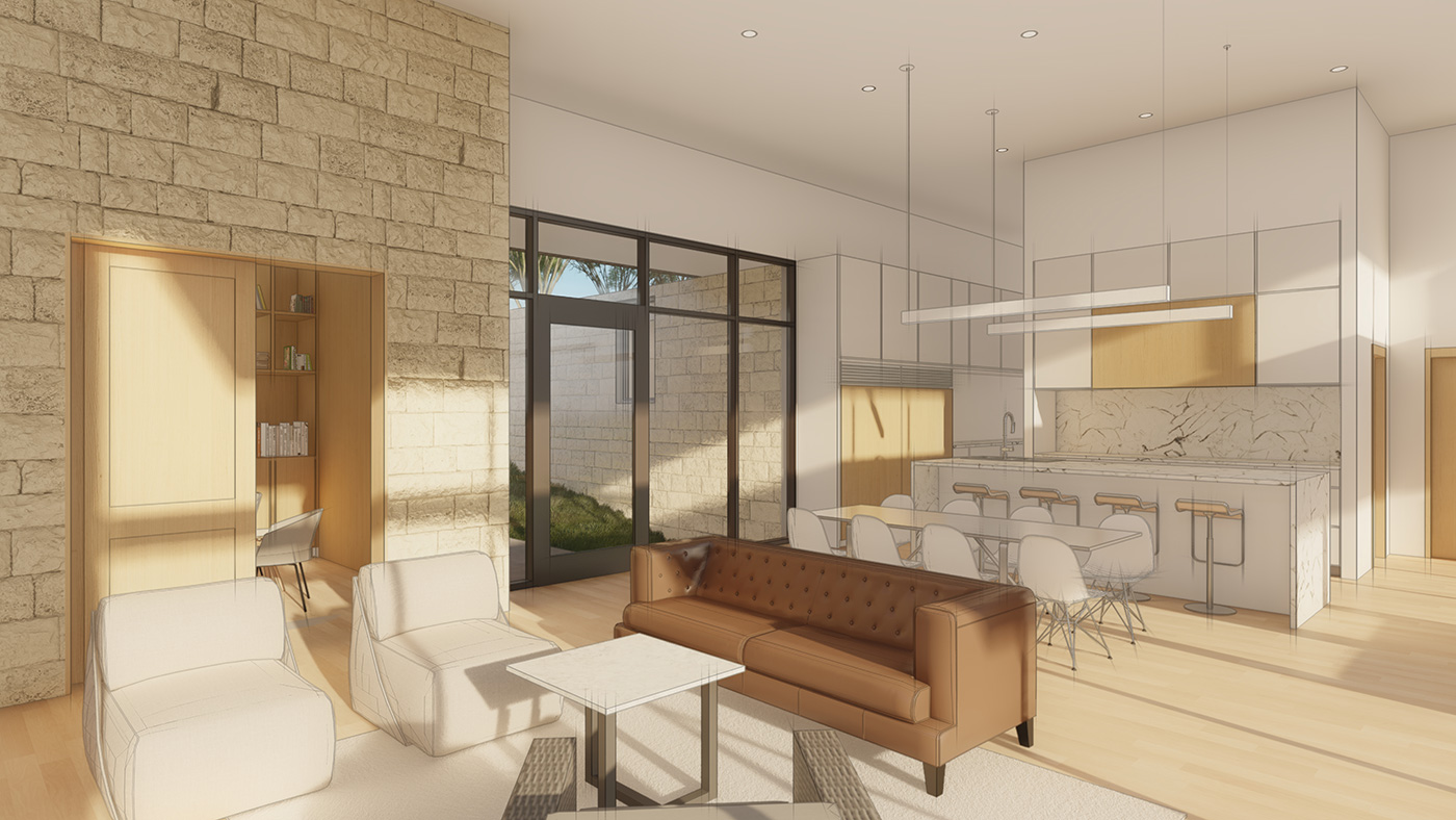 Rendering of living room seating Infront of dining table and kitchen.
