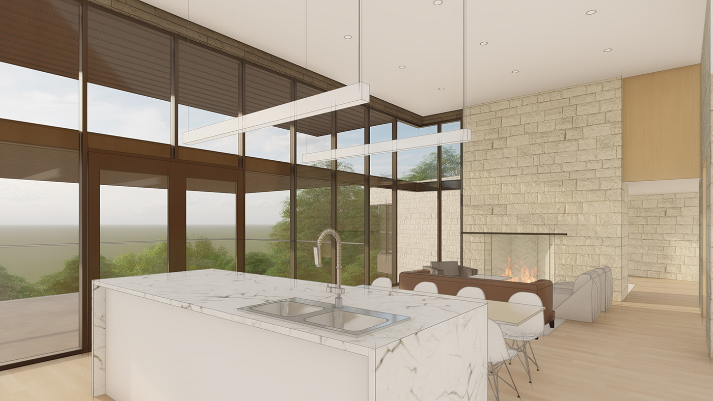 Rendering of a high ceiling connected living room, dining room, and kitchen space.