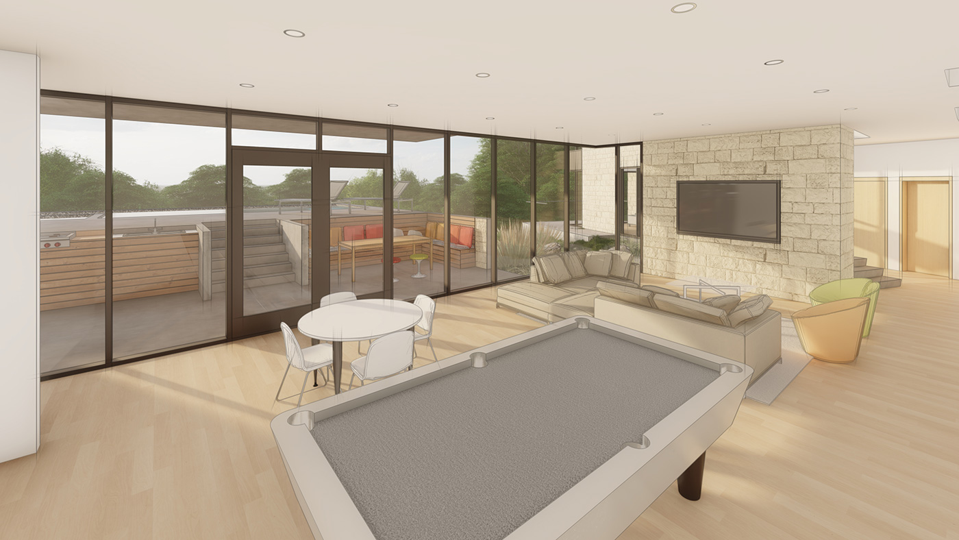 Rendering of a living room with a pool table with large floor to ceiling windows.