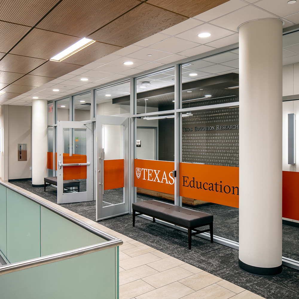 Glass and Metal Entrance to Education Research Office at University of Texas at Austin.