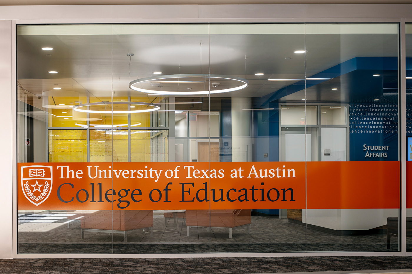 glass wall with banner graphic that reads 