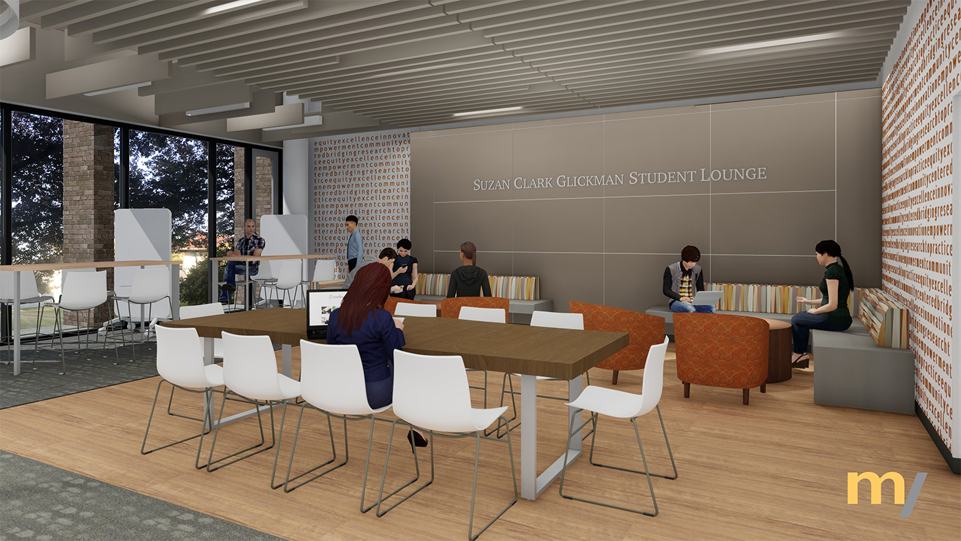 Rendering of the seating area within the Suzan Clarck Glickman Student Lounge.