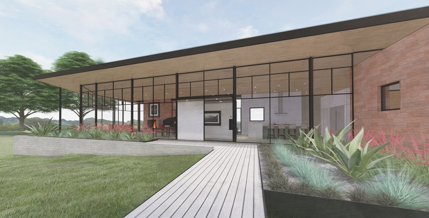 Rendering of front entrance walkway leading to the mainly glass front of a modern house.