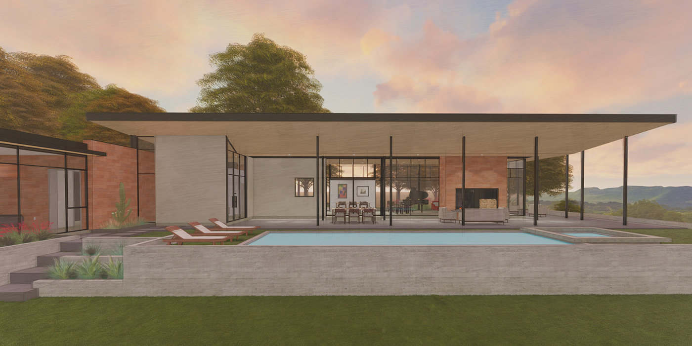 Rendering of open patio pool area in the back of a modern ranch home.