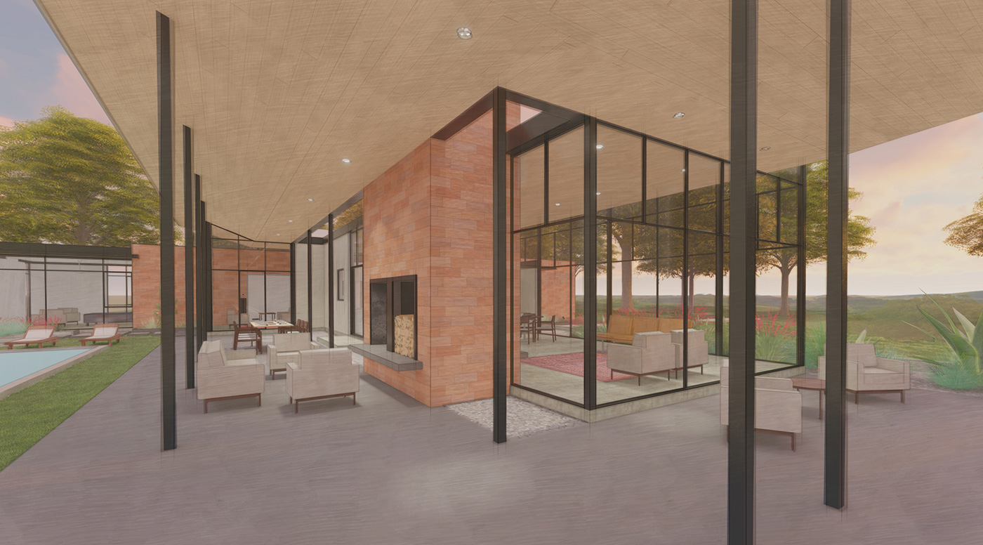 Rendering of fireplace wraparound patio space with windows into the living room.