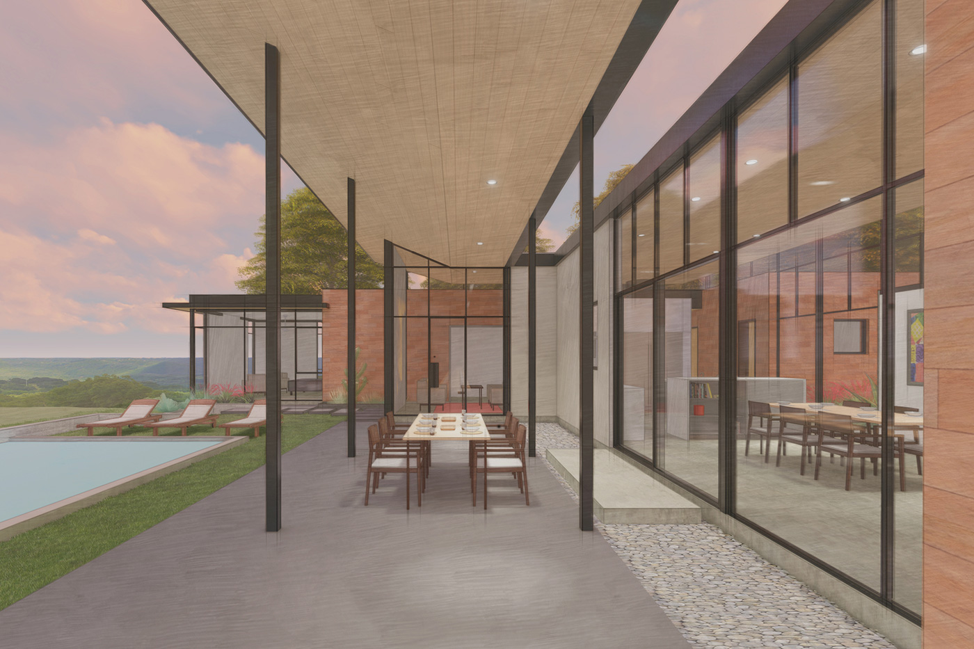Rendering of patio dining space beside pool and back entrance of a home.