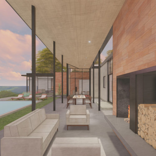 Rendering of fireplace lounge area besides a concrete patio dining space of a home.