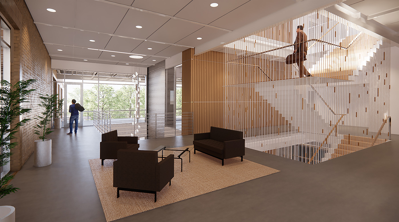 Rendering of seating area besides feature stairwell inside modern office building.