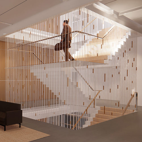 Rendering of modern stairwell within office.