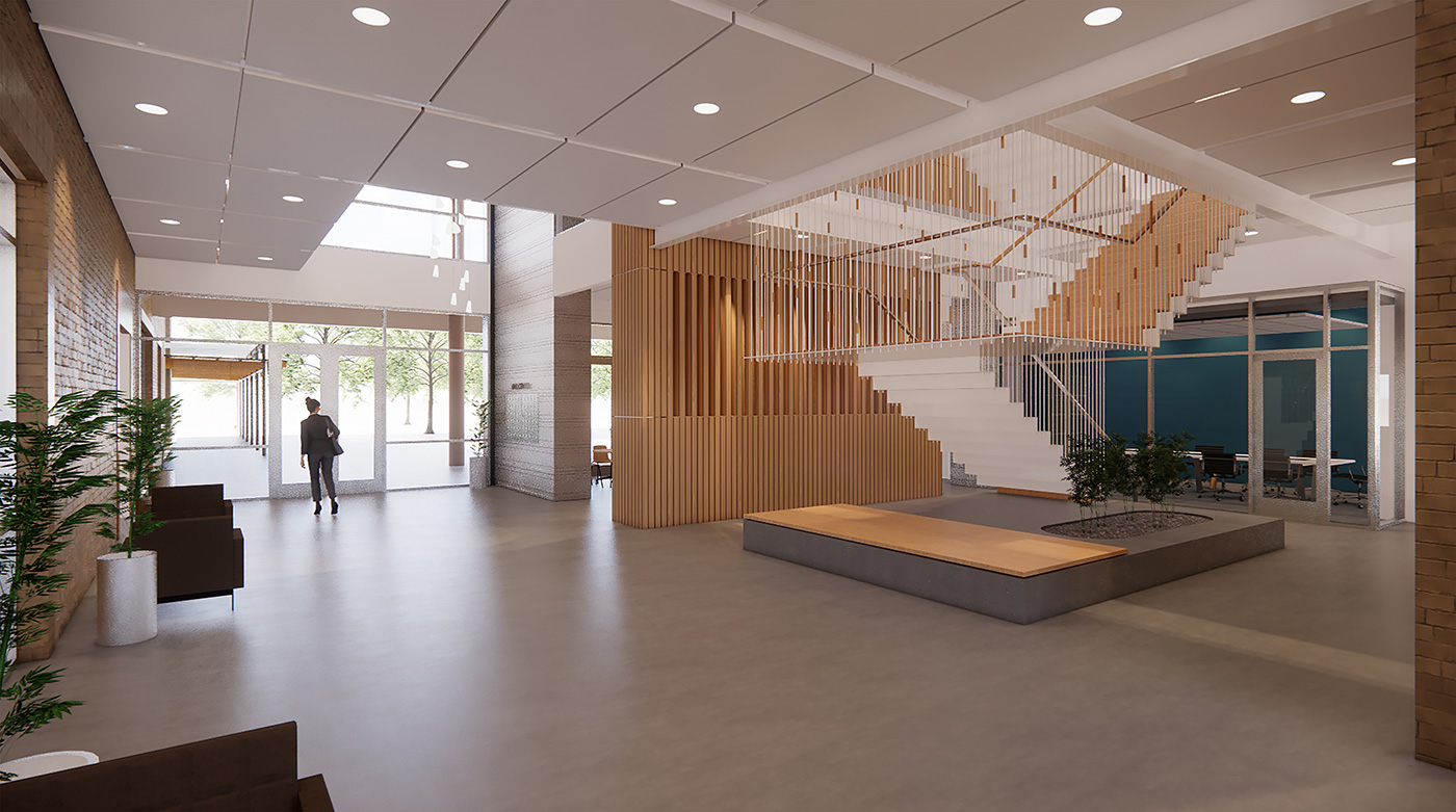 Rendering of a 1st floor lobby entrance featuring a statement open staircase.