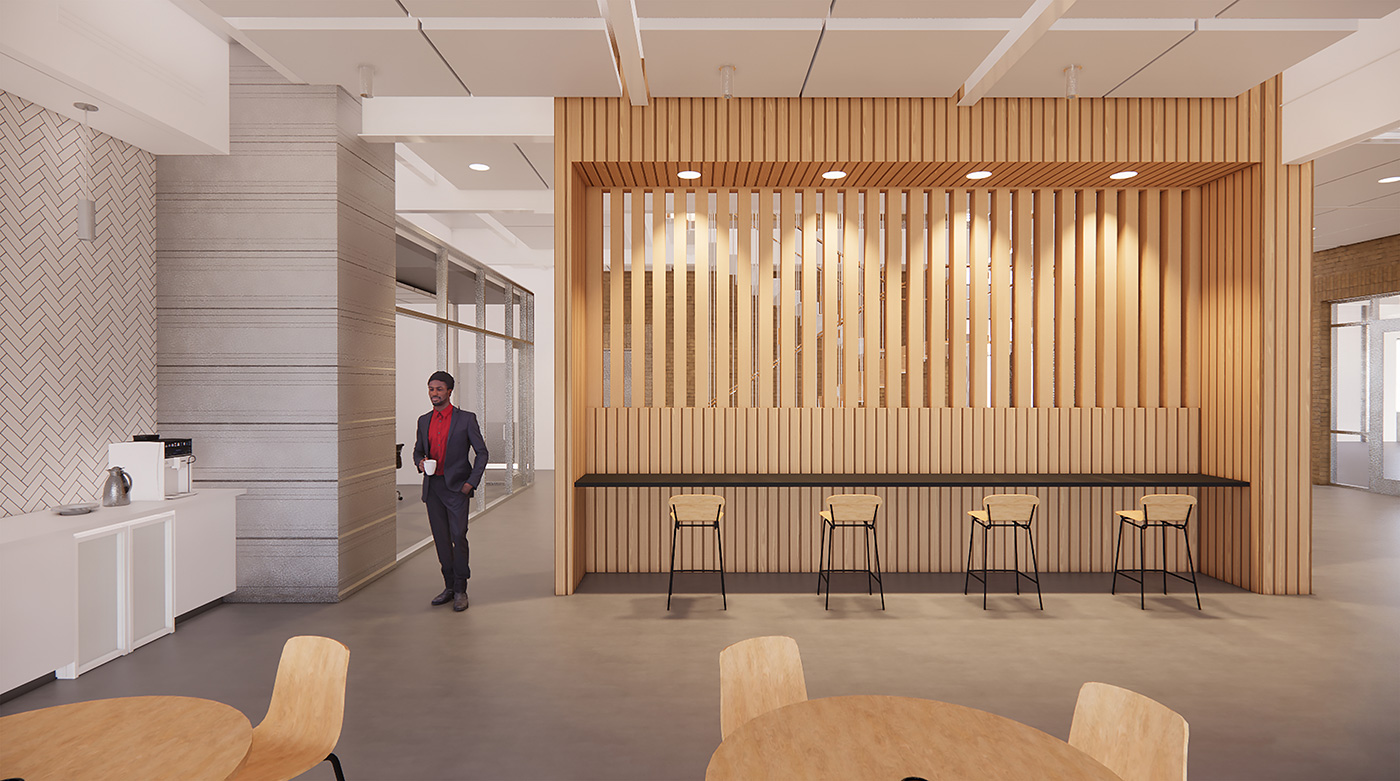 Rendering of man standing in a modern wooden office cafe,
