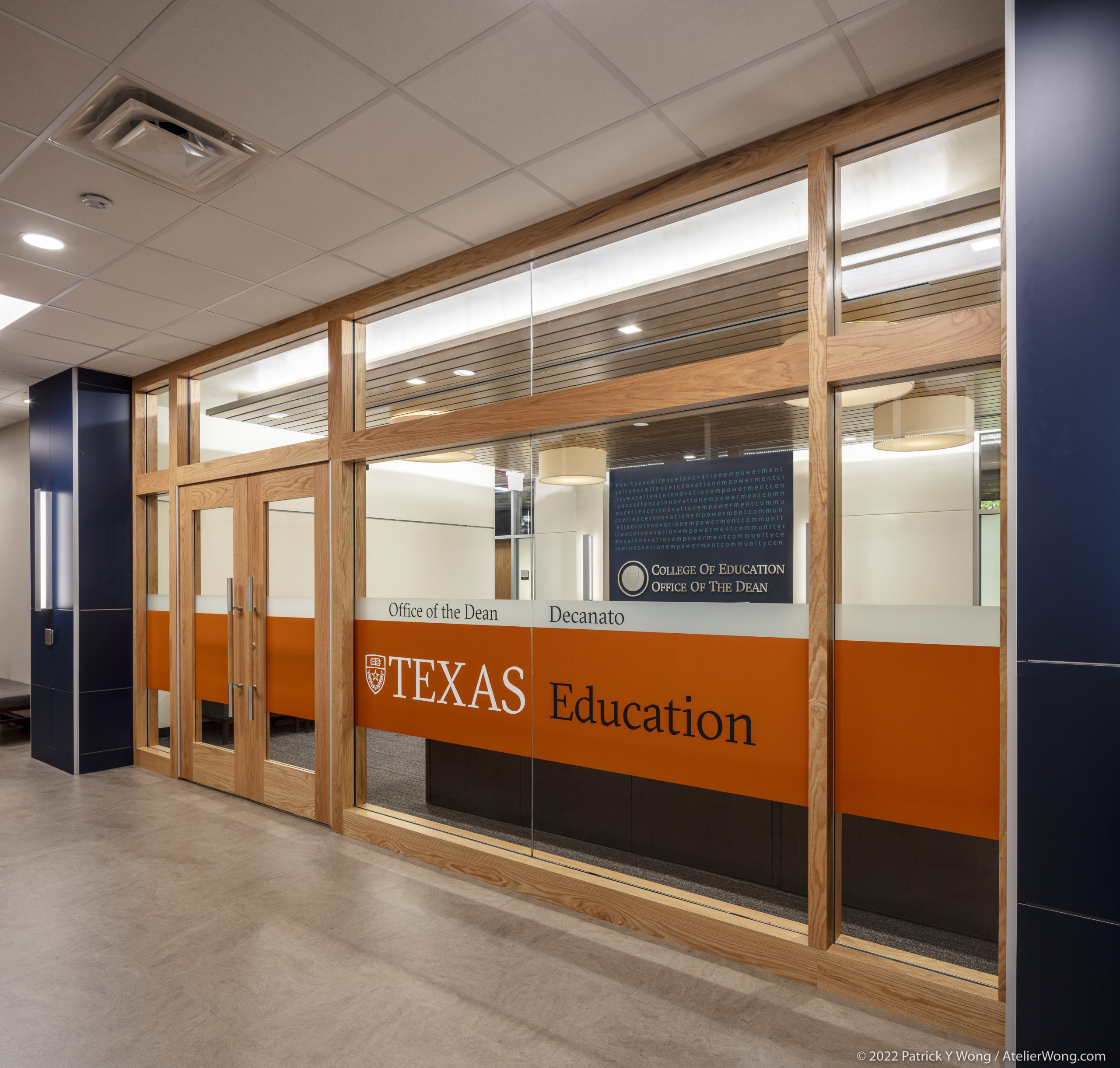 Wood and glass entrance to the office of Dean.