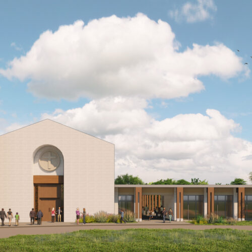 rendering of the front facade of a minimal episcopal church