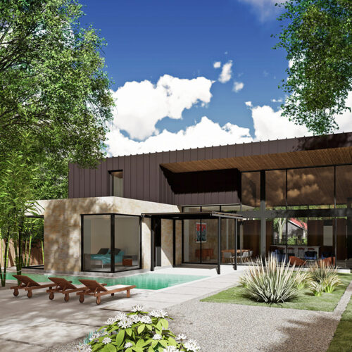 rendering of a modern house's back yard pool area