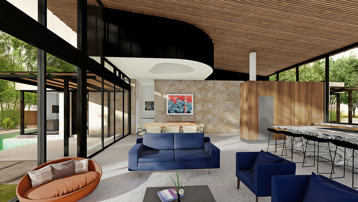 rendering of a combined living and dining room in a modern house.