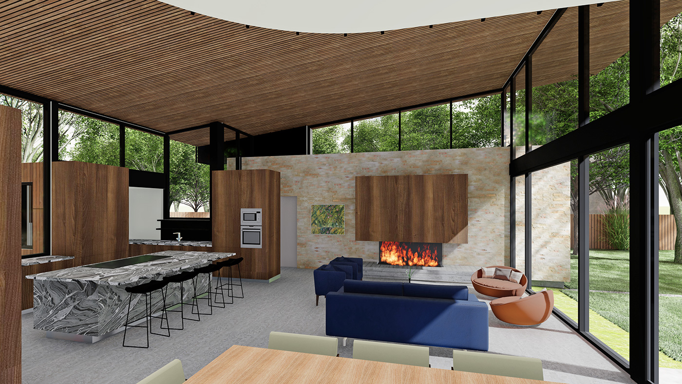 rendering of a modern living room with a fireplace
