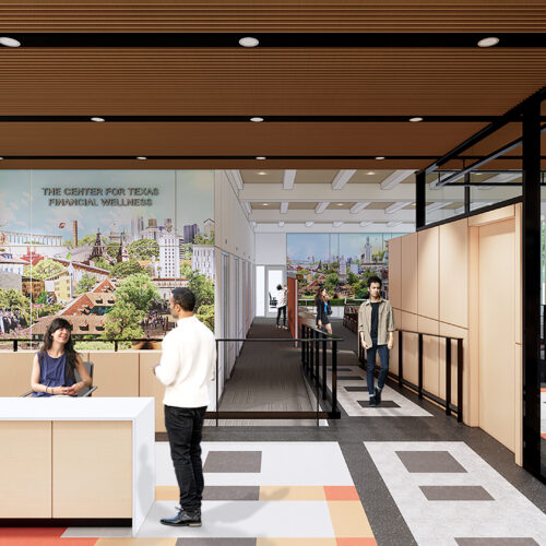 rendering of University of Texas financial wellness center with reception desk, glass conference room to the right, ramp down into main space, and murals on walls in background of image