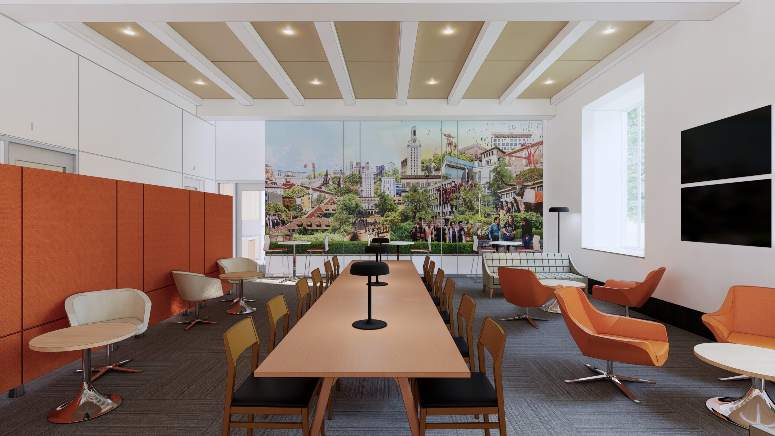 rendering of University of Texas financial wellness center with long table (vertically) in middle of open space room and small individual seating and tables along each side, office rooms along wall behind partition on left, windows and tv screens right wall, mural on wall in background of image