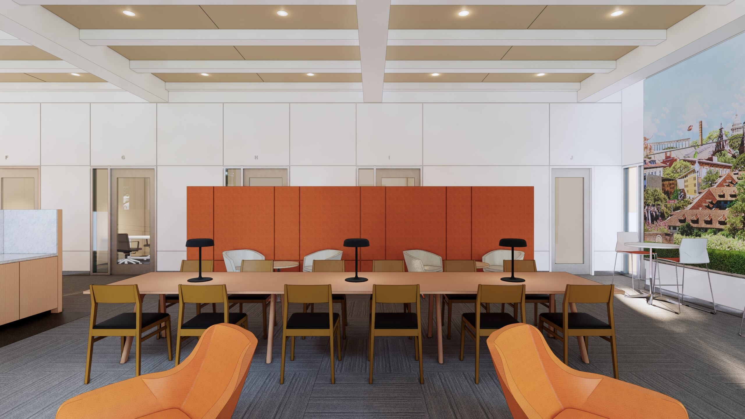 rendering of University of Texas financial wellness center with long table (horizontally) in middle of open space room and small individual seating and tables behind and in foreground, mural on right wall and doors for office rooms along wall behind partition in background