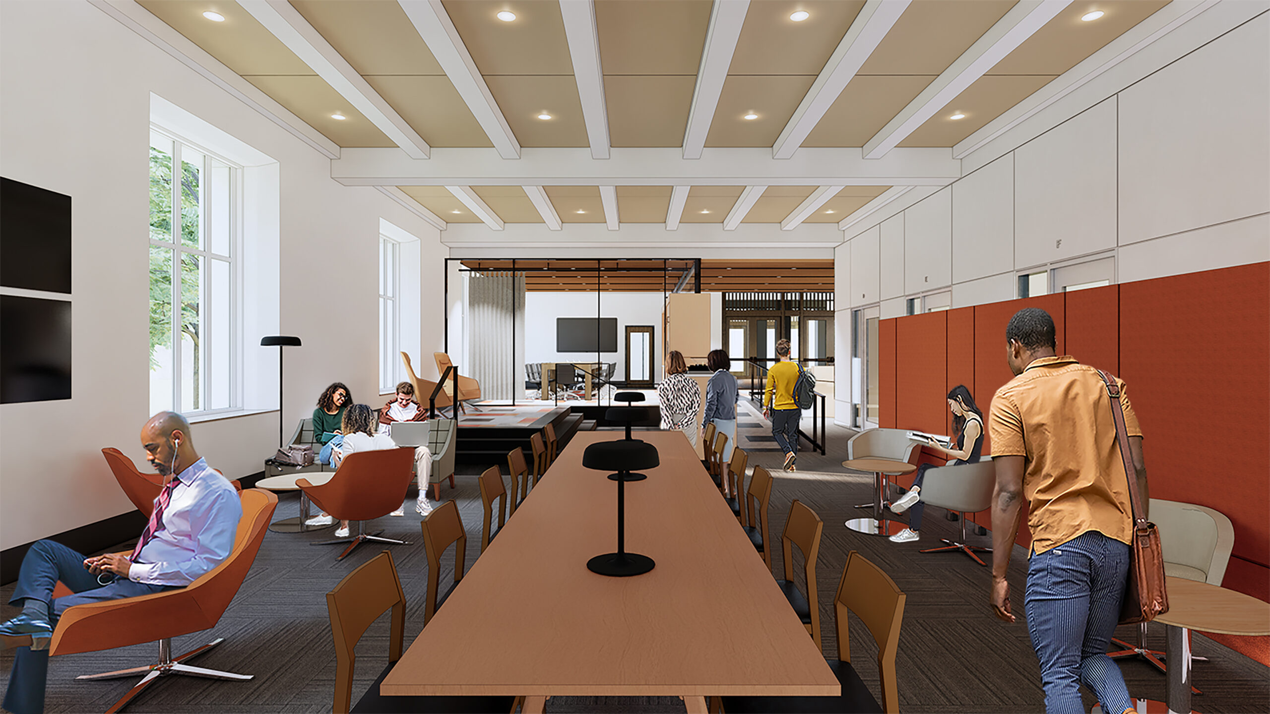 rendering of University of Texas financial wellness center with long table (vertically) in middle of open space room and small individual seating and tables along each side, glass walled conference room in background of image